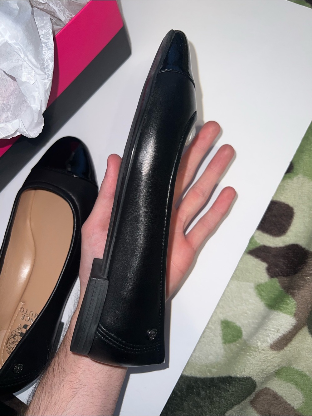 Vince Camuto Black Leather Ballet Flat with Patent Toe